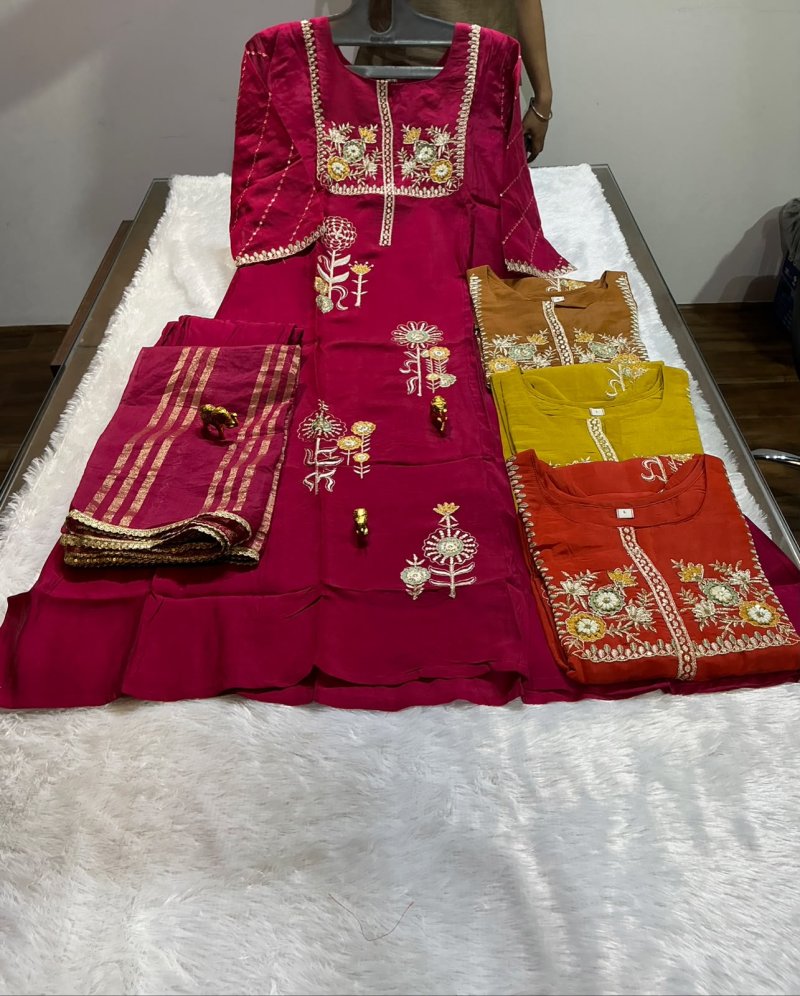 Iksana By Vitara Mul Chanderi Embroidery Kurtis Set Size Combo